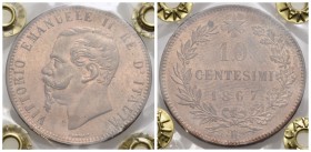 Vittorio Emanuele II Re d'Italia (1861-1878) - 10 Centesimi - 1867 H - CU Pag. 549; Mont. 245 Rame rosso - Periziata Cavaliere - FDC