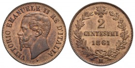 Vittorio Emanuele II Re d'Italia (1861-1878) - 2 Centesimi - 1861 M - CU Pag. 557; Mont. 254 Rame rosso - Eccezionale - FDC