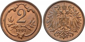 AUSTRIA. Franz Joseph I (1848-1916). 2 Heller 1901. Wien (Vienna). KM 2801. Mint State. SCARCE ex Auction Numismatik Naumann 76