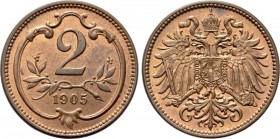 AUSTRIA. Franz Joseph I (1848-1916). 2 Heller 1905. Wien (Vienna). KM 2801. Mint State. SCARCE ex Auction Numismatik Naumann 76