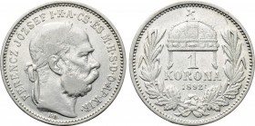 HUNGARY. Franz Joseph I (1848-1916). Korona (1892-KB). Körmöcbánya (Kremnica). KM 484 VERY RARE Very fine. ex Auction Numismatik Naumann 76