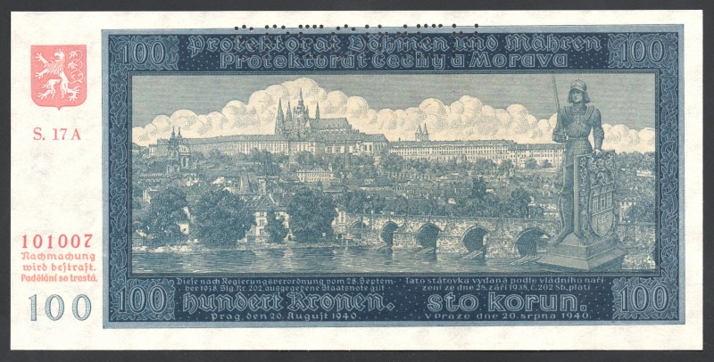 Bohemia & Moravia 100 Korun 1940 Specimen
P# 6s; № S.17 A 101007; UNC; "Prague"...