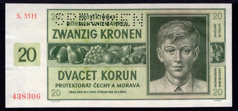 Bohemia & Moravia 20 Korun 1944 Specimen
P# 9a; # 35H 438306; AUNC+