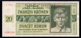Bohemia & Moravia 20 Korun 1944 Specimen
P# 9a; # 29 G 186200; AUNC