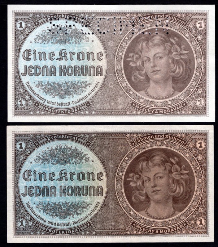Bohemia & Moravia Lot of 2 Banknotes 1940
1 Koruna 1940 (ND); P# 3a & s; Common...