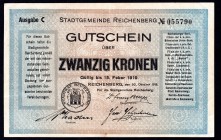 Czechoslovakia 20 Korun 1919
Gutschein from Reichenberg; VF
