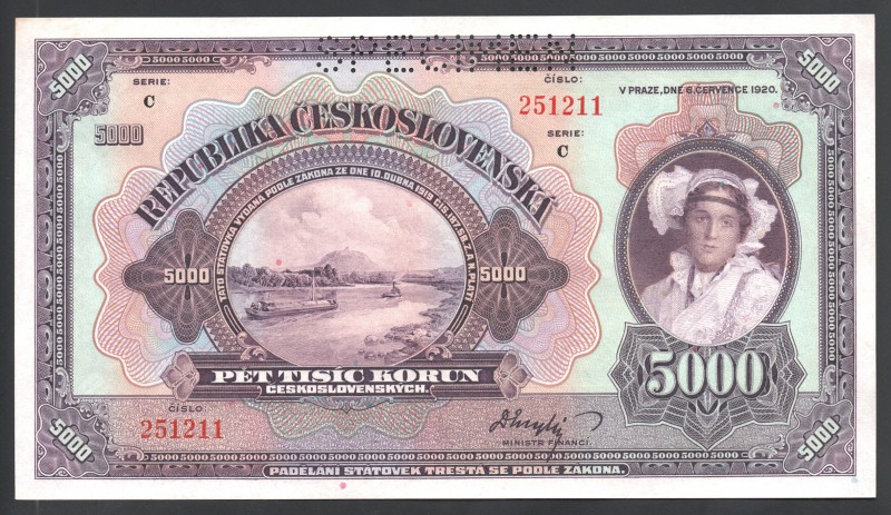 Czechoslovakia 5000 Korun 1920 Specimen RARE!
P# 19s; № 251211; aUNC; Large Ban...