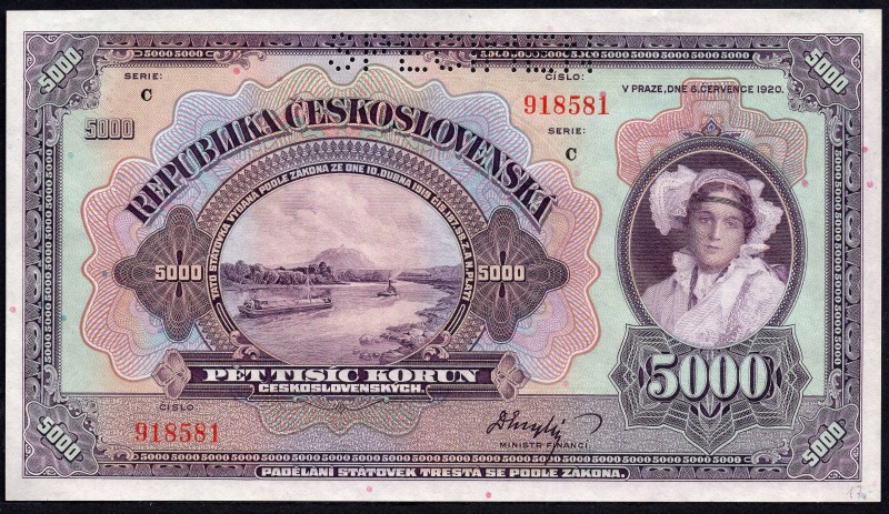 Czechoslovakia 5000 Koruna 1920 Specimen
P# 19s; № C918581; UNC