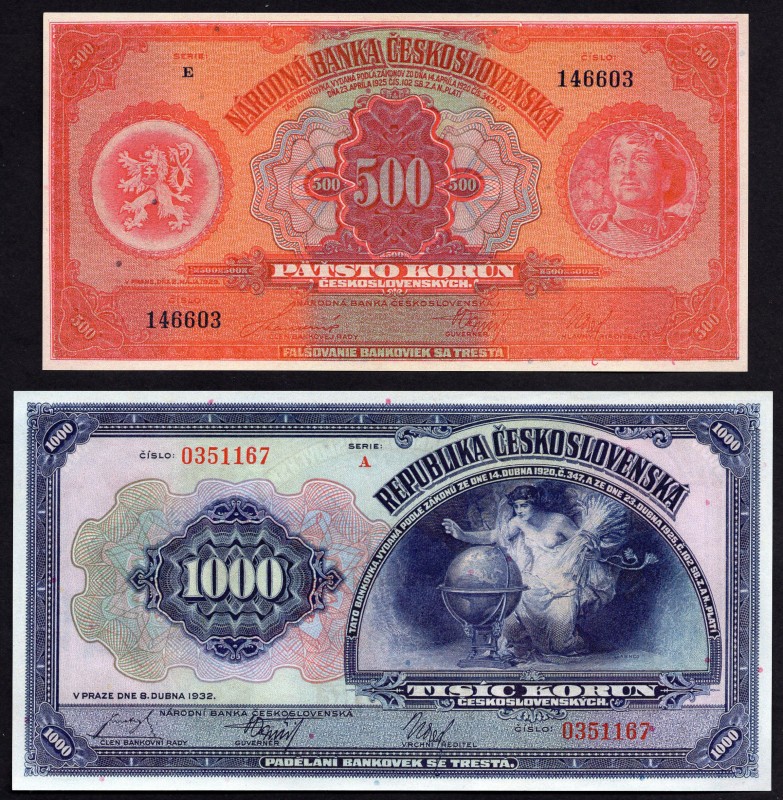 Czechoslovakia Lot of 2 Modern Reprints of Banknotes 1929 - 1932
500 1000 Korun...