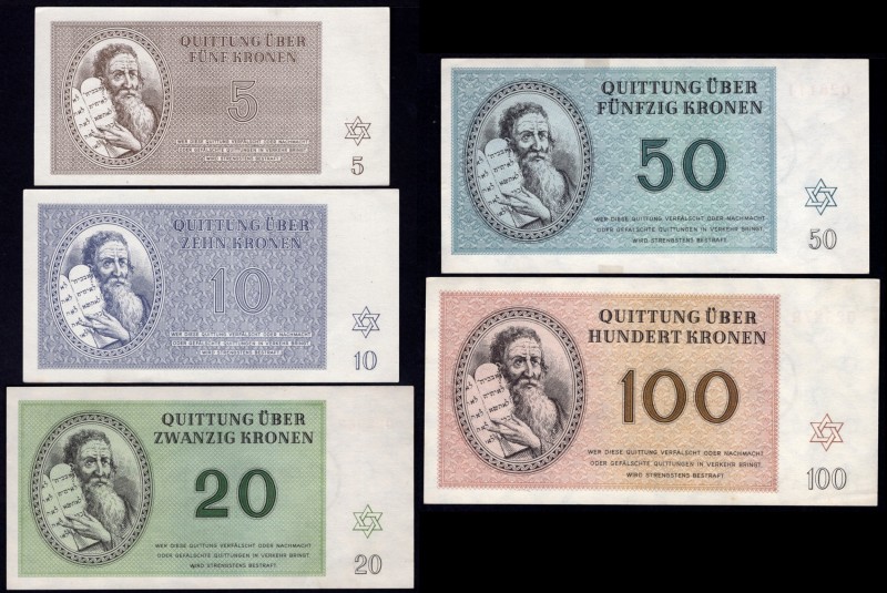 Czechoslovakia Terezin Ghetto Set of 5 Banknotes 1943
5 10 20 50 100 Korun 1943...