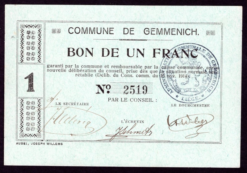 Belgium 1 Franc 1914
Commune de Gemmenich