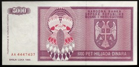 Bosnia and Herzegovina 5000 Dinara 1992 Serbian Republic
P# 138a; № AA4447437; UNC