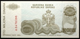 Bosnia and Herzegovina 100 000 000 Dinara 1993 Serbian Republic
P# 157; № A0476396; UNC