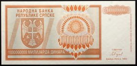 Bosnia and Herzegovina 1 000 000 000 Dinara 1993 Serbian Republic
P# 147; № A3218236; UNC