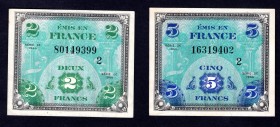 France Lot of 2 Banknotes 1944
2&5 Francs; P#114b7115b; VF/XF