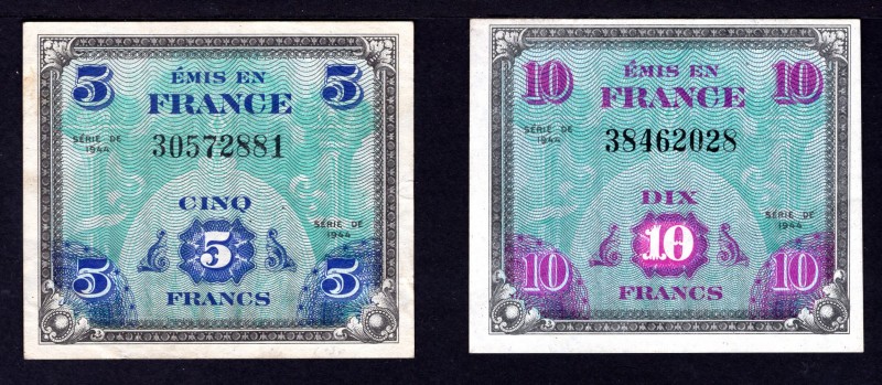 France Lot of 2 Banknotes 1944
5&10 Francs; P#115a&116a; VF