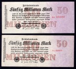 Germany Lot of 2 Banknotes 1923
P# 98b, R97b; 50 Millions Mark; EF & VF