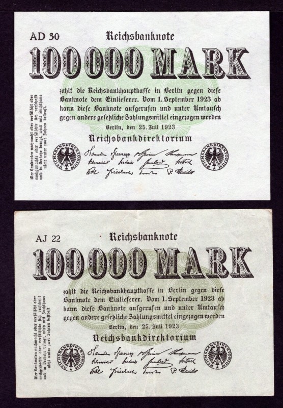 Germany Lot of 2 Banknotes 1923
P#91a, R90a; 100 000 Marks; VF/aUnc