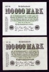 Germany Lot of 2 Banknotes 1923
P#91a, R90a; 100 000 Marks; VF/aUnc