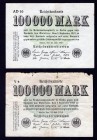 Germany Lot of 2 Banknotes 1923
P# 91b, R90b;100 000 Marks; VF/EF & F