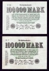 Germany Lot of 2 Banknotes 1923
P#91a, R90a; 100 000 Marks; VF/aUnc