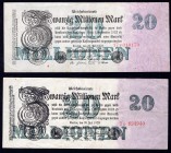 Germany Lot of 2 Banknotes 1923
P# 97b , R96b; 20 Millions Mark; VF/EF & VF