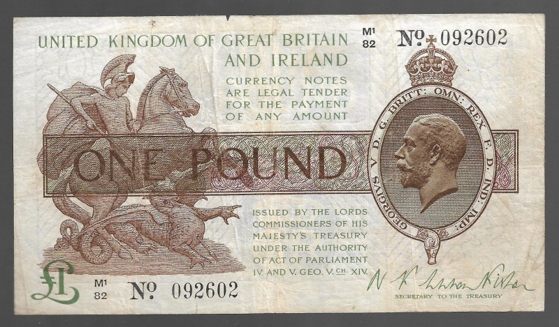 Great Britain 1 Pound 1919 Rare
P# 357; M1/82 092602; Watermark at center