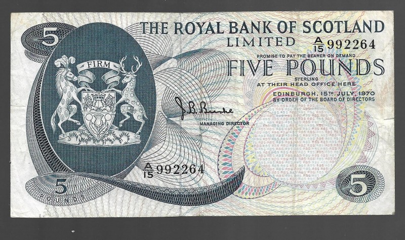 Scotland The Royal Bank 5 Pounds Sterling 1970
P# 335; A/15 992264