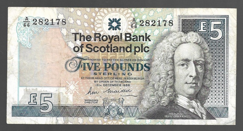 Scotland The Royal Bank 5 Pounds Sterling 1988
P# 352a; A/66 282178