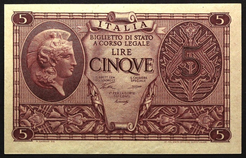 Italy 5 Lire 1944
P# 31a; № 0007-576635; UNC