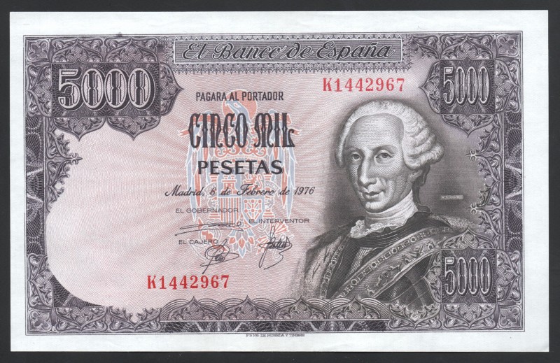 Spain 5000 Pesetas 1976 RARE!
P# 155; № K 1442967; aUNC (No Folds); "King Carlo...