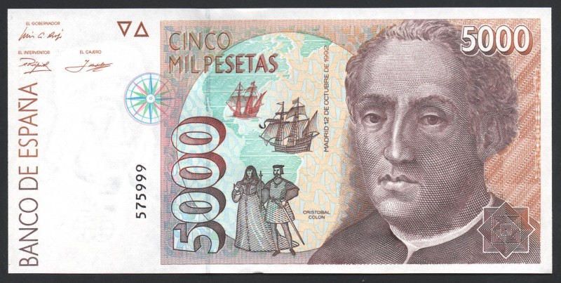 Spain 5000 Pesetas 1992 Commemorative
P# 165; UNC; № 575999; Number w/o Serie; ...