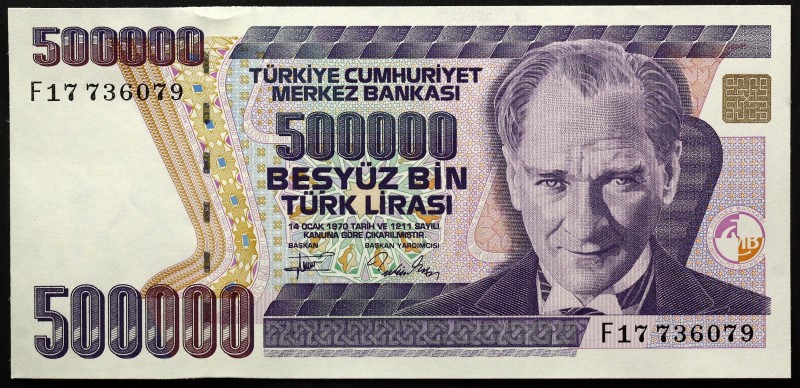 Turkey 500 000 Lira 1993
P# 208; № F17736079; UNC