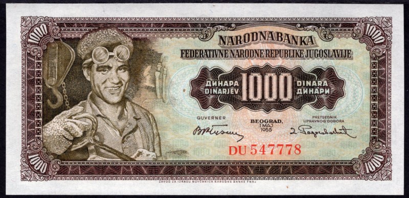 Yugoslavia 1 000 Dinara 1955 Without Plate #
P# 71a; № DU547778; Dark brown on ...