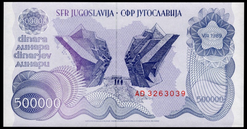 Yugoslavia 500 000 Dinara 1989
P# 98; № AD3263039; Aug. 1989. Deep purple and b...