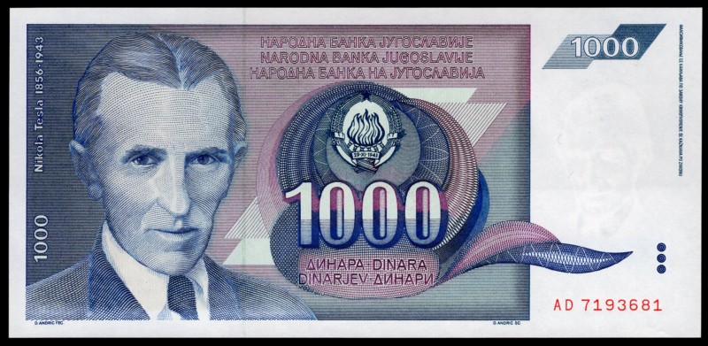 Yugoslavia 1 000 Dinara 1991
P# 110; № AD7193681; Blue and purple. Nicola Tesla...