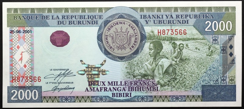 Burundi 2000 Francs 2001
P# 41; № H873566; UNC