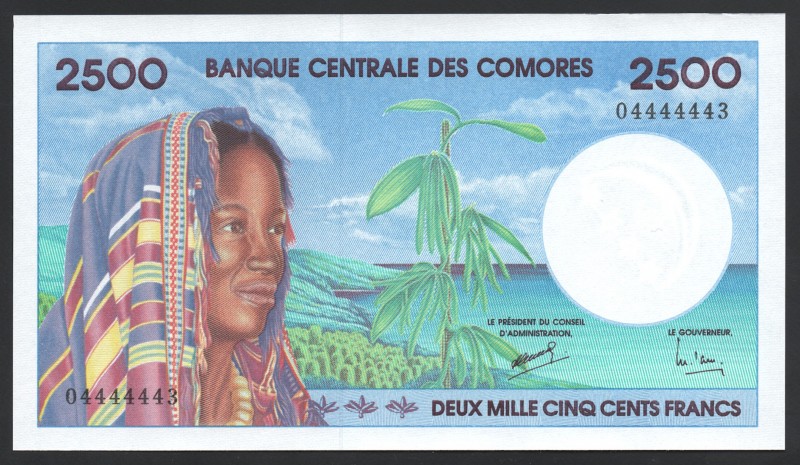 Comoros 2500 Francs 1997 RARE! NUMBER!
P# 13; № 04444443; UNC; RARE!