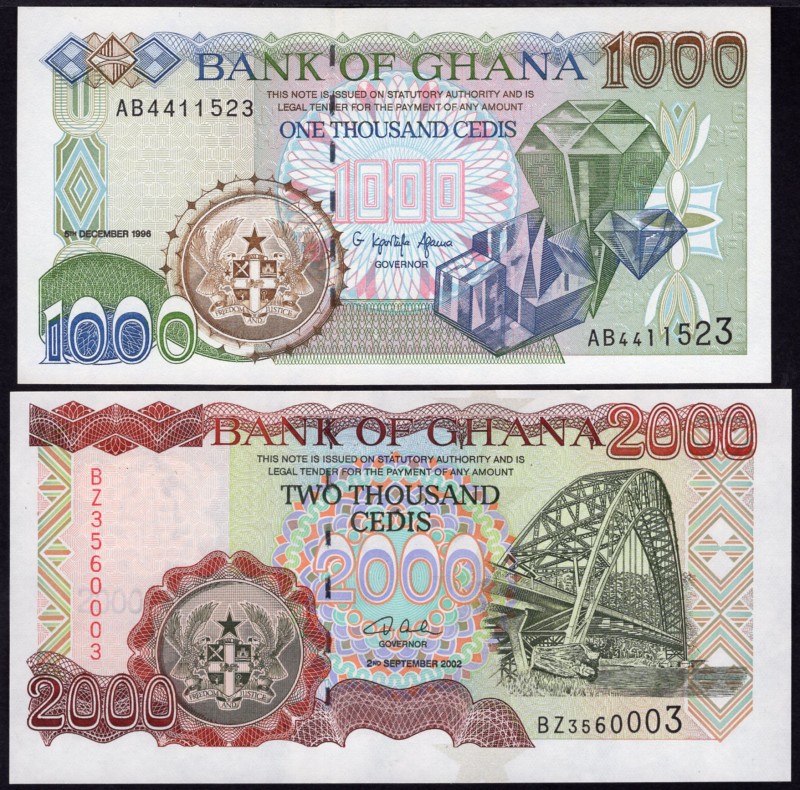 Ghana 1000 & 2000 Cedis 1996 - 2002
P# 32, 33; UNC; Set 2 PCS