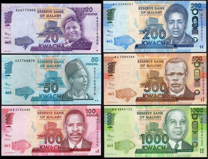 Malawi 20, 50, 100, 200, 500 & 1000 Kwacha 2012 Full Set
P# 57, 58, 59, 60, 61,...