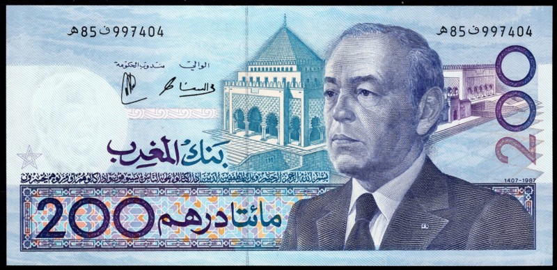 Morocco 200 Dirhams 1987 RARE!
P# 66; UNC; "King Hassan II"; RARE!