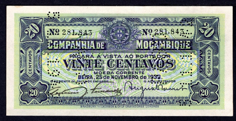 Mozambique 20 Centavos 1933 Specimen
P# R29; aUnc