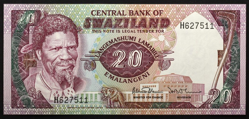 Swaziland 20 Emalangeni 1985
P# 11b; № H627511; UNC