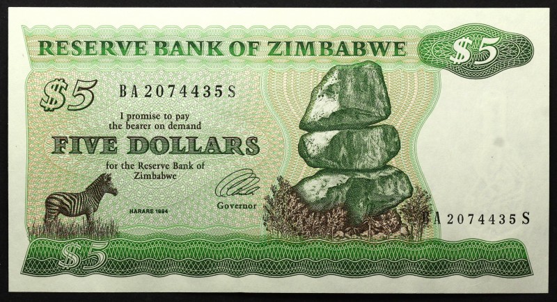 Zimbabwe 5 Dollars 1994 Rare
P# 2e; № BA2074435S; UNC