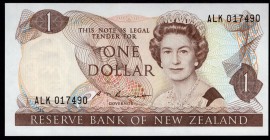 New Zealand 1 Dollar 1985-89
P# 169b; № ALK017490; Dark brown on multicolor underprint. Mature portrait of Queen Elizabeth II. Back: Pied fantail at ...