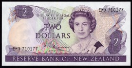 New Zealand 2 Dollars 1985-89
P# 170b; № EKX710177; Purple on multicolor underprint. Capt. James Cook. Printer: BWC.; UNC.