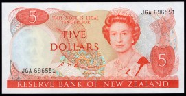 New Zealand 5 Dollars 1985-89
P# 171b; № JGA696551; Orange on multicolor underprint. Mature portrait of Queen Elizabeth II. Back: Tui at center and p...