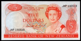 New Zealand 5 Dollars 1989-92
P# 171c; № JHP190519; Orange on multicolor underprint. Mature portrait of Queen Elizabeth II. Back: Tui at center and p...