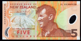New Zealand 5 Dollars 1999
P# 185a; № BL99908639; Brown and brown-orange on multicolor underprint. Mt. Everest at left, Sir Edmund Hillary at center....