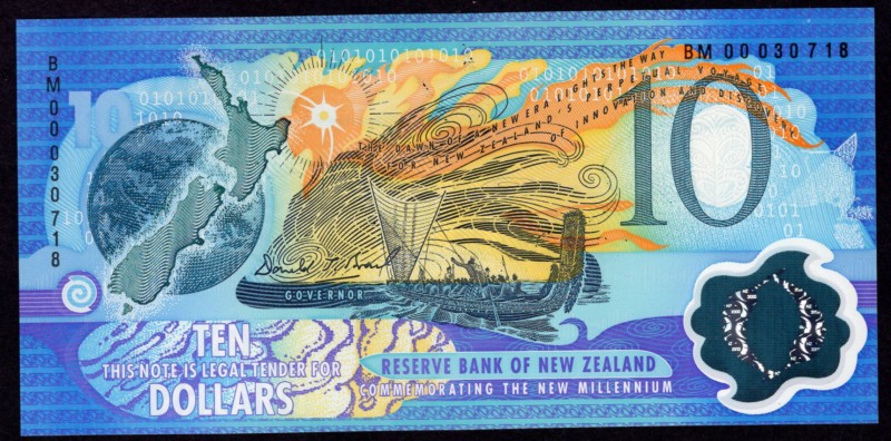 New Zealand 10 Dollars 2000
P# 190a; № BM00030718; 2000. Blue, orange and multi...